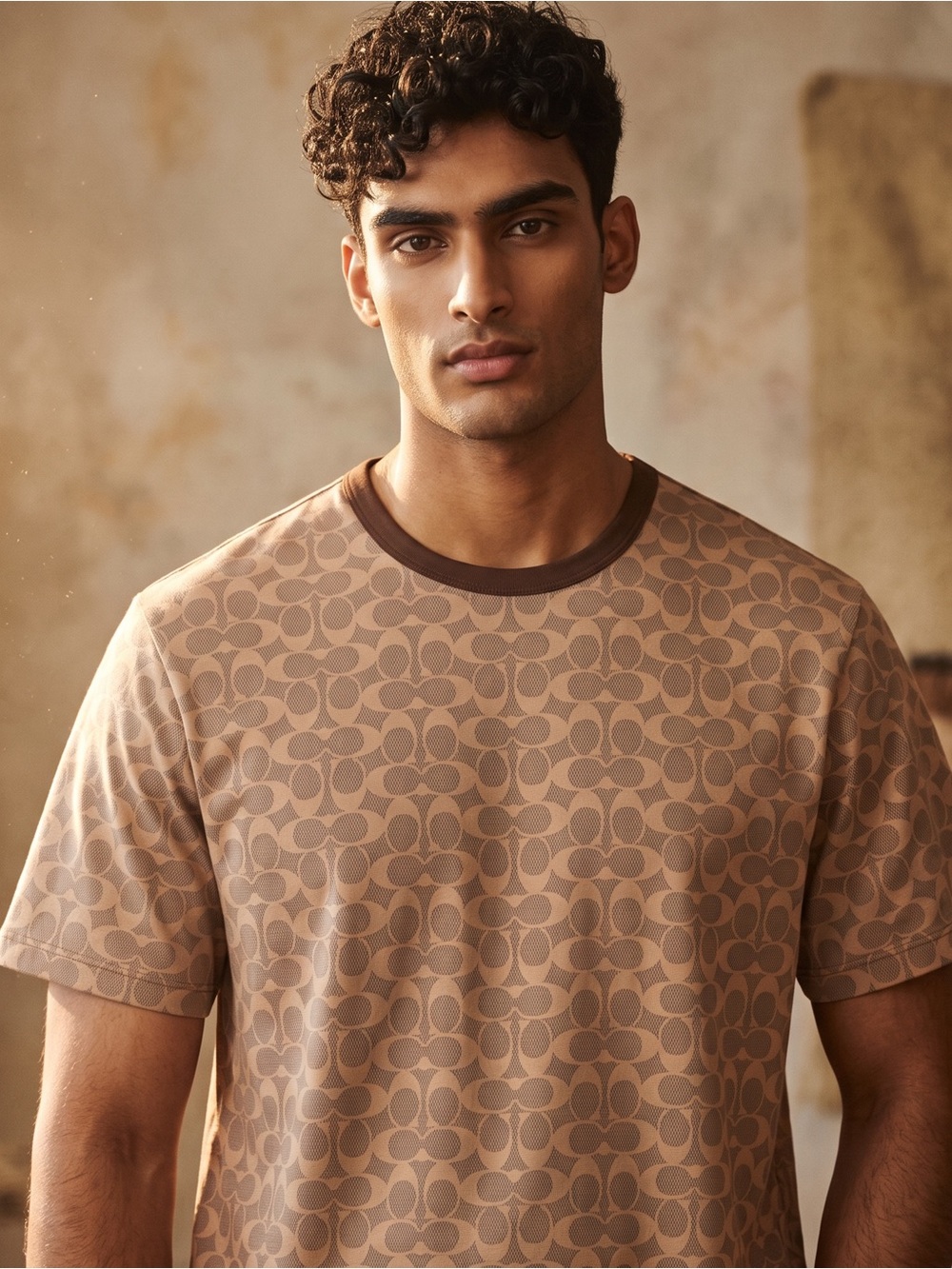 Coach Signature Cotton T-Shirt NWT Tan Brown All-Over Logo Size M